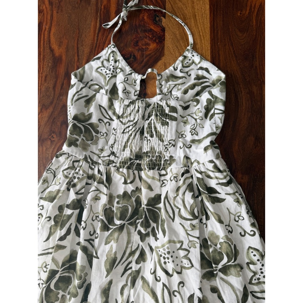1. STATE Womens S Linen halter Maxi Dress Olive Green Floral White Wedding Guest - Picture 9 of 10